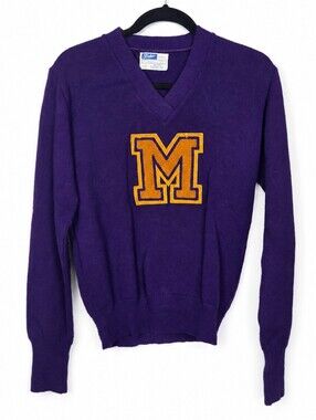 Vintage 70s Dehen Official Letterman Sweater Purple Chenille M USA Medium Preppy